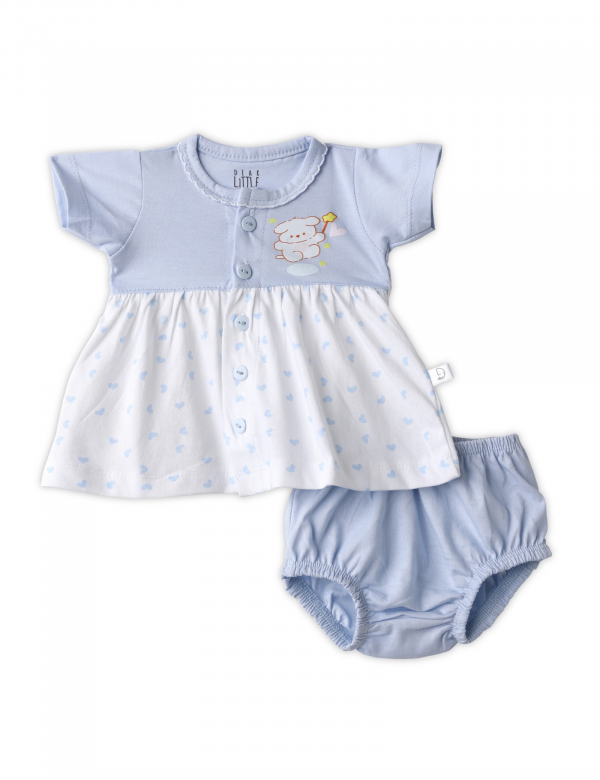 Cuddle Bear Cotton Frock - Blue & White