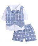 BUMZEE Boy's Cotton Checkered Full Sleeves Shirt Waistcoat & Short Set With Applique Bow