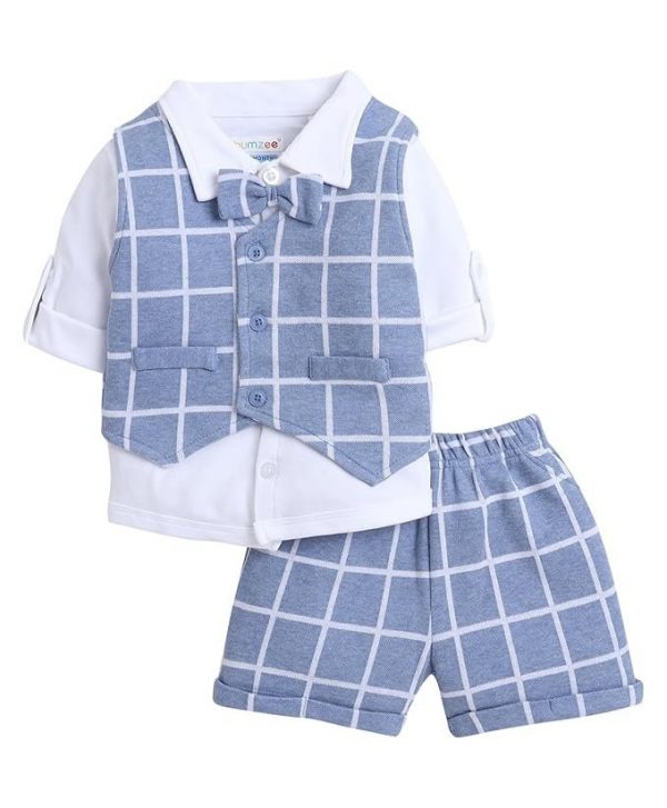 BUMZEE Boy's Cotton Checkered Full Sleeves Shirt Waistcoat & Short Set With Applique Bow