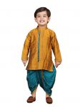 Visit the POLKA TOTS Store POLKA TOTS Elegant Traditional Dhoti Kurta Set for Baby Boys – Soft Cotton Ethnic Dress for Festivals – Comfortable Indian Outfit for Infants & Toddlers (Color: Golder & Blue, 6-9 M)