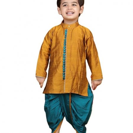 Visit the POLKA TOTS Store POLKA TOTS Elegant Traditional Dhoti Kurta Set for Baby Boys – Soft Cotton Ethnic Dress for Festivals – Comfortable Indian Outfit for Infants & Toddlers (Color: Golder & Blue, 6-9 M)