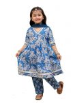 superminis Girls Cotton Floral Printed Angrakha Gotta Patti Kurti Pant Set with Net Dupatta