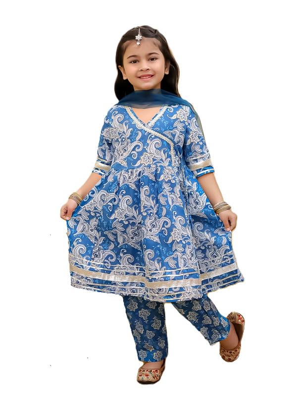 superminis Girls Cotton Floral Printed Angrakha Gotta Patti Kurti Pant Set with Net Dupatta