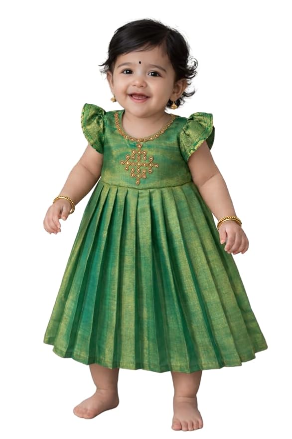 Anura Creations Tissue Silk Baby Girl Gown | Soft Silk Long Frock for Newborn & Infants | Festive Dress