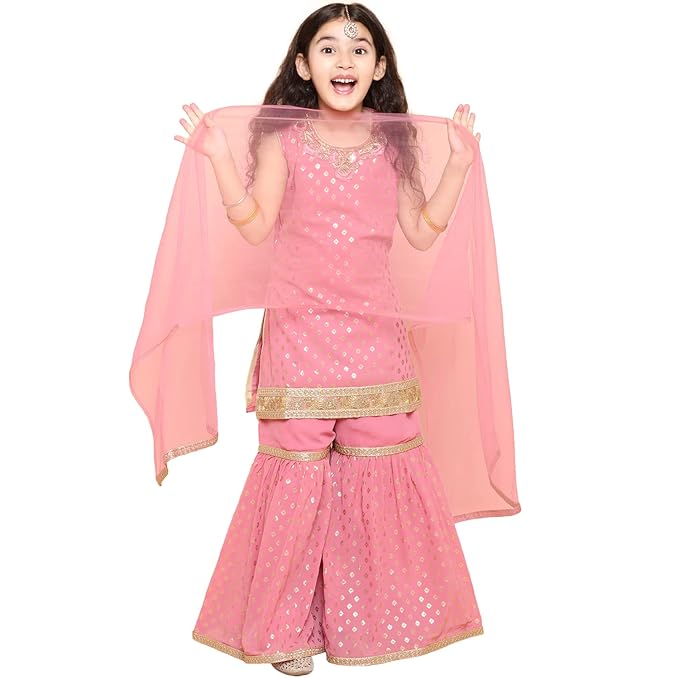 AJ DEZINES Girls Sharara Kurta Set | Georgette Sleeveless Kurti Set | Ethnic Wear for Girls | Foil Printed Sharara Suit | Stylish Kids Kurta for Festivals Weddings & Special Occasions