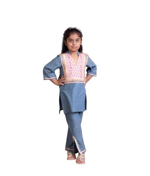 Denim Round Neck 3/4 Sleeves Solid Regular Denim Kurti with Pant For Baby Girls