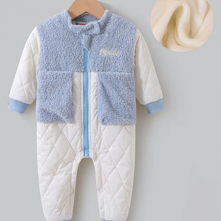 Kookie Kids Full Sleeves Front Open Winter Wear Fur Romper with Text Embroidery - Light Blue