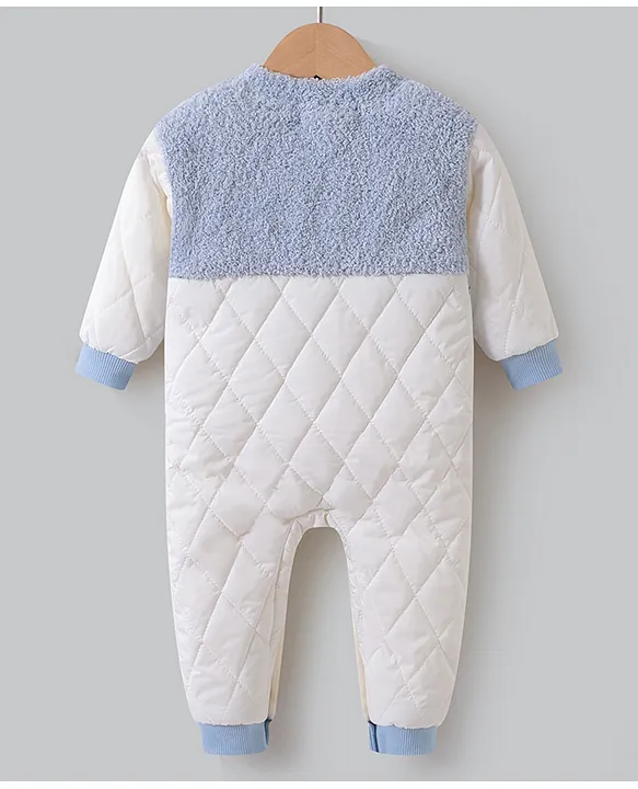 Kookie Kids Full Sleeves Front Open Winter Wear Fur Romper with Text Embroidery - Light Blue