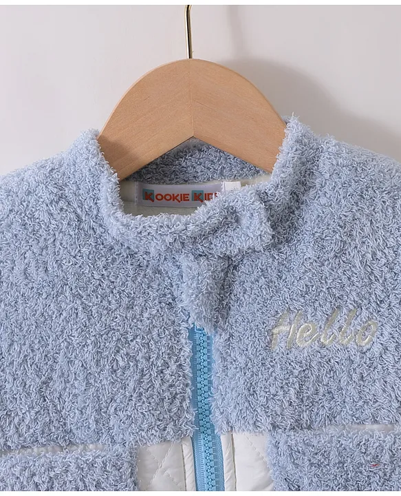 Kookie Kids Full Sleeves Front Open Winter Wear Fur Romper with Text Embroidery - Light Blue