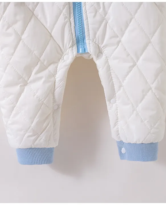 Kookie Kids Full Sleeves Front Open Winter Wear Fur Romper with Text Embroidery - Light Blue