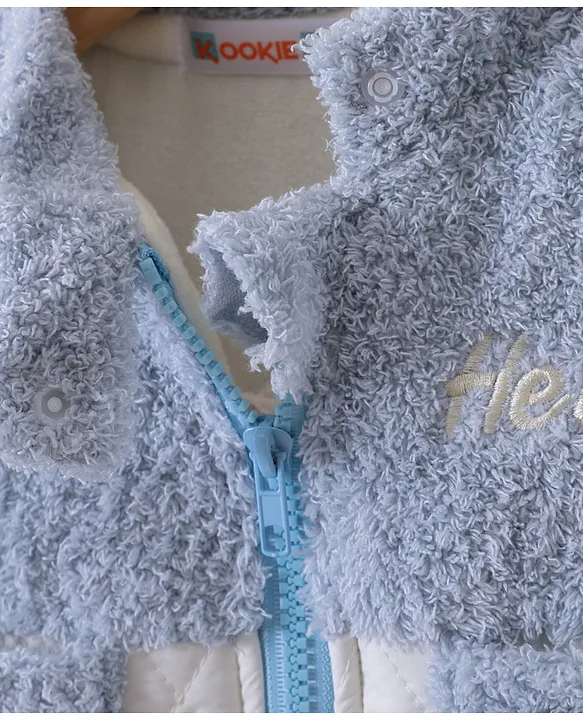 Kookie Kids Full Sleeves Front Open Winter Wear Fur Romper with Text Embroidery - Light Blue