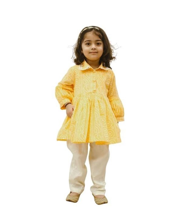 Cotton Round Neck Full Sleeves Printed Regular Bhandhej Peplum Kurti Set For Baby Girls