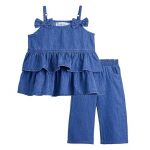 Hopscotch Baby Girls Solid Print Sleeveless Blue Jeans set