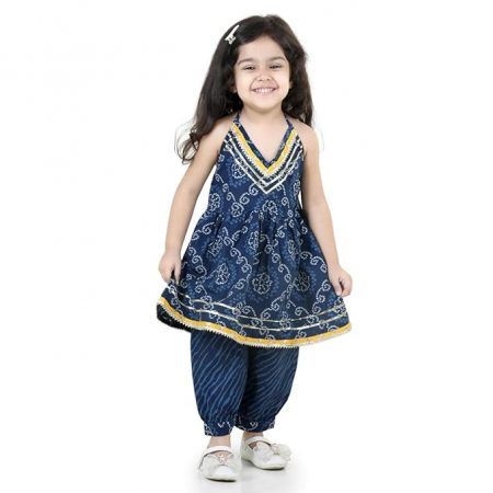 BownBee Ethnic Wear Cotton Kurti and Harem Suit Set for Girls, With Sleeveless Halter Neck Kurti for Your Baby Girl's, Ideal for all Festive Occasions