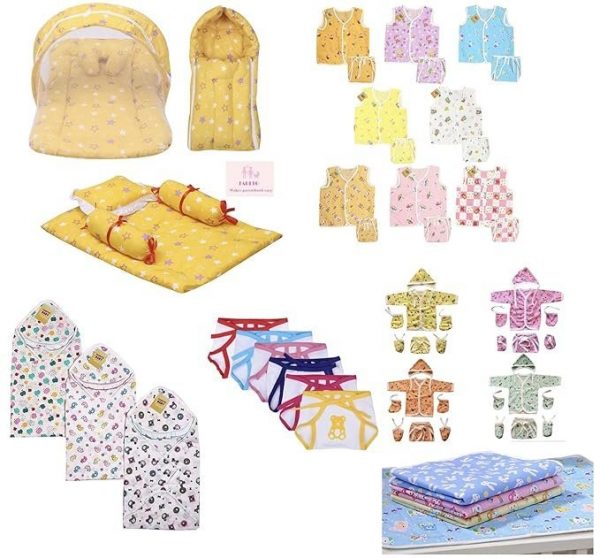 Infantbond 56 in 1 Baby Products All New Born Combo | Gift Set | Baby Essentials | Hospital Kit | Baby Clothes | Maternity Essentials | Infant Essentials | Baby Shower | Complete Daily Items Combo(0-6 Months) (Star) (Yellow for Baby Boy & Baby Girl)