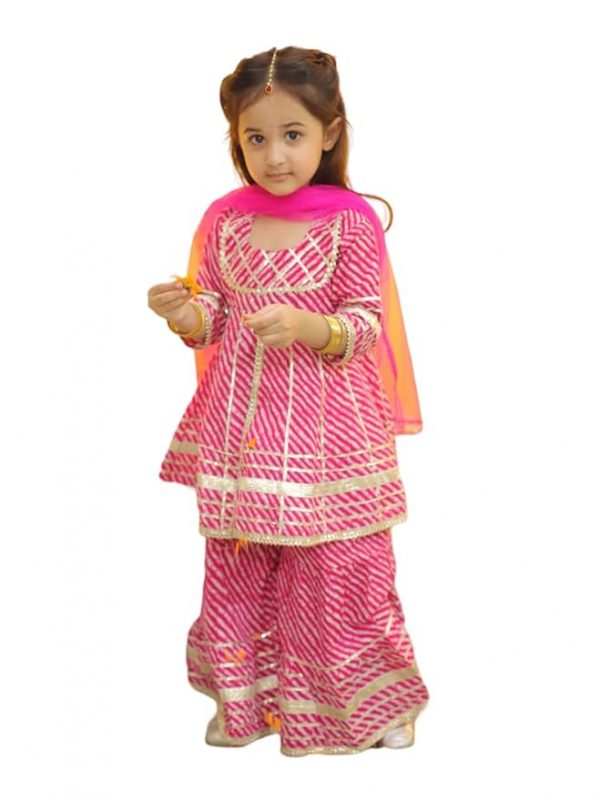 BownBee Girls Cotton Leheriya Print Kurta Sharara Set with Dupatta, Leheriya Ethnic Wear for Every Occasion