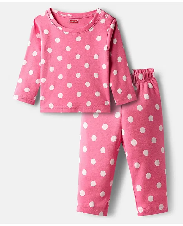 Babyhug Cotton Knit Full Sleeves Co-ords Night Suit with Polka Dot Print - Pink