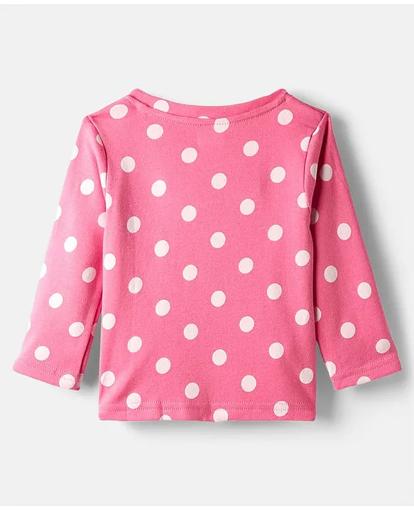 Babyhug Cotton Knit Full Sleeves Co-ords Night Suit with Polka Dot Print - Pink