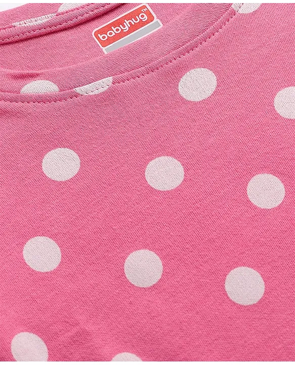 Babyhug Cotton Knit Full Sleeves Co-ords Night Suit with Polka Dot Print - Pink
