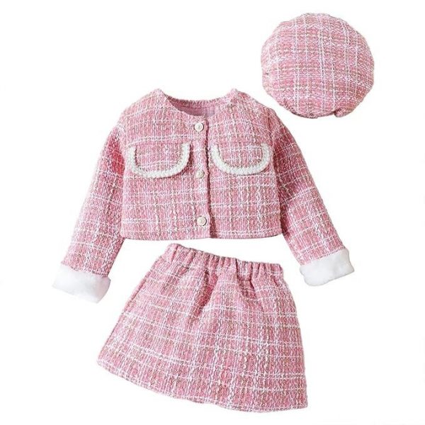 TASLAR Kids Toddler Jacket Baby Girls Suit Furry Patchwork Coat + Skirt + Beret 3Pcs Long Sleeve Shirt Tops Skirts Hat Sets Kids Casual Fashionable Party Dress