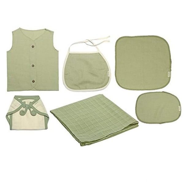 Natural Dyed Organic Cotton 6 Pcs Baby Gift Set - Green Front Button | Size - 0-6 Months | 100% Certified Cotton - A Perfect Newborn Baby Clothes/Baby Dress | Skin Friendly