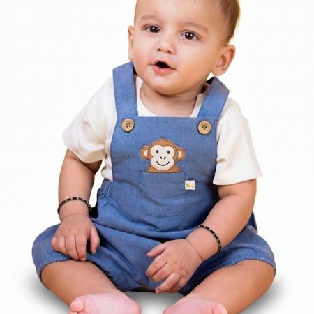 Baby Boy & Baby Girl T-Shirt with Denim Dungaree for Baby (0-3 Months) Half Sleeves Printed Denim Dungaree Set with T-Shirt, Perfect Casual Outfit for Baby Boy & Girl