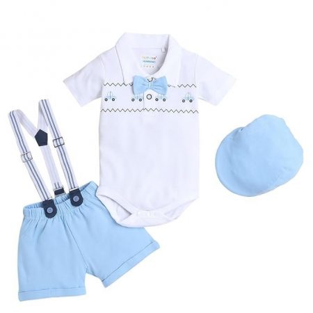 BUMZEE Boy's Cotton Printed Half Sleeves Bodysuit & Short Set With Bow Suspender & Cap (Peb9029)