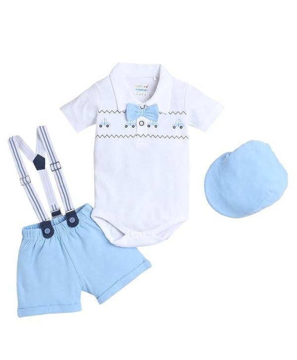 BUMZEE Boy's Cotton Printed Half Sleeves Bodysuit & Short Set With Bow Suspender & Cap (Peb9029)