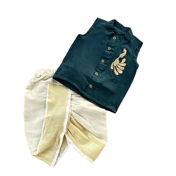Picksparrow Baby Boy Cotton Silk-Tissue Kasavu Cotton Shirt with Dhoti pant (Peacock-Sleeveless)