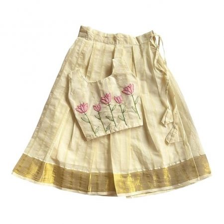 Picksparrow Baby Girl Pattu pavadai/Lehenga Choli/Hand-embroidered Traditional Ethnic Dress (LOTUS/ROSE/SUNFLOWER_STRIPES, Kasavu)