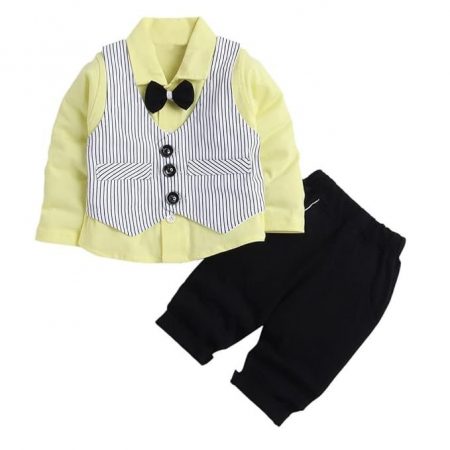 Hopscotch Boy's Cotton Striped Stripe Print Shirt Pant Set With Waistcoat