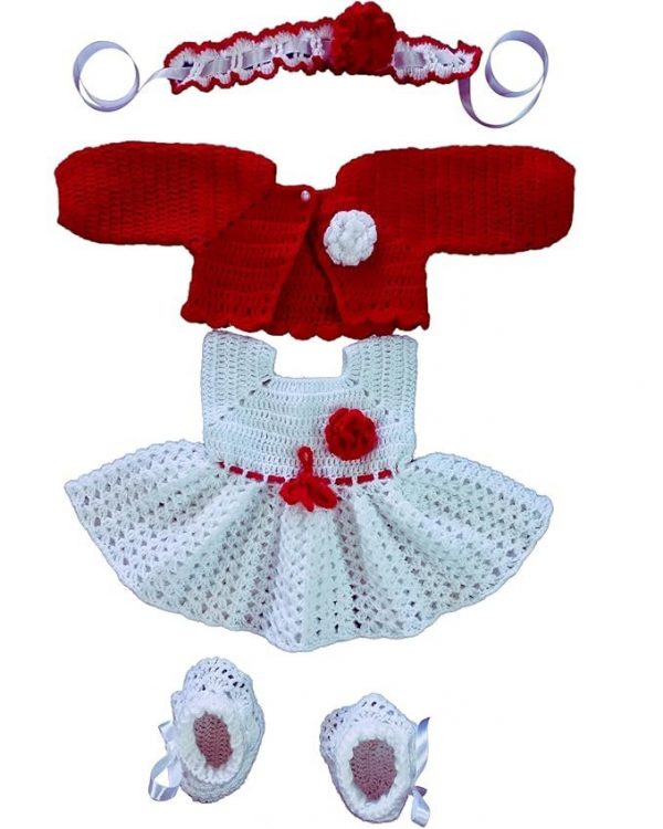 Baby Girl Dress Set for 6-12 Months - Woolen Frock with Shrug Headband and Shoes Combo, White Red, Handmade with Crochet