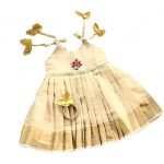 Picksparrow Newborn Baby Girl Ethnic Dress/Traditional Frock with Head Band (Kerala Kasavu, Hand- Embroidered)