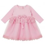 TBM Girls Cotton Frock Dress | Baby Pink Plain Outfit with Lace and Bow | Long Sleeve Baby Girl Dress