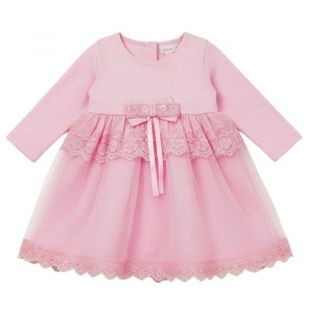 TBM Girls Cotton Frock Dress | Baby Pink Plain Outfit with Lace and Bow | Long Sleeve Baby Girl Dress