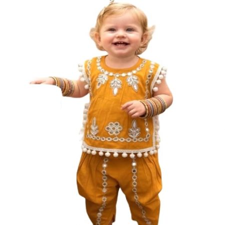 A.T.U.N. (ALL THINGS UBER NICE) Baby Girls 100% Cotton Embroidered Mirror Work Ethnic Co-ord Set | Pom Pom Lace Kurti and Dhoti Pants | 2-Piece Traditional Festive Outfit