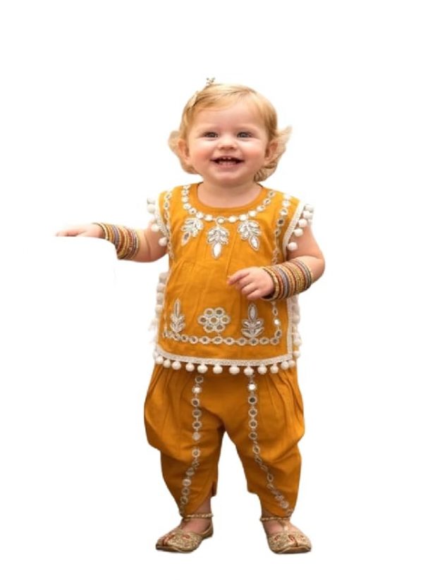 A.T.U.N. (ALL THINGS UBER NICE) Baby Girls 100% Cotton Embroidered Mirror Work Ethnic Co-ord Set | Pom Pom Lace Kurti and Dhoti Pants | 2-Piece Traditional Festive Outfit