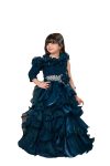 Kids-Girls Organza Woven 3/4th Sleeves Multi Layered Velvet Furr Bodice Embellished Party Gown-Teal
