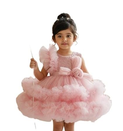 Baby Girl's Light Pink Ruffled Tulle Net Party Dress | Princess Frock Gown for Birthday, Wedding, Photoshoot | Knee Length Fancy Wear