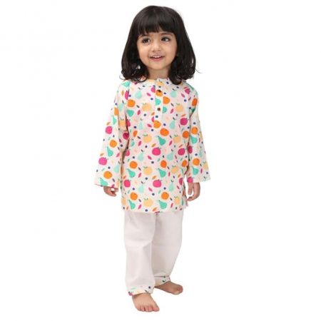 Mama & Peaches Tropical Fruits Kurta Set for Kids | Premium Cotton Fabric | Stylish Printed Design | Button Fly Closure | Mandarin Neckline | Perfect for Festivals and Everyday Wear