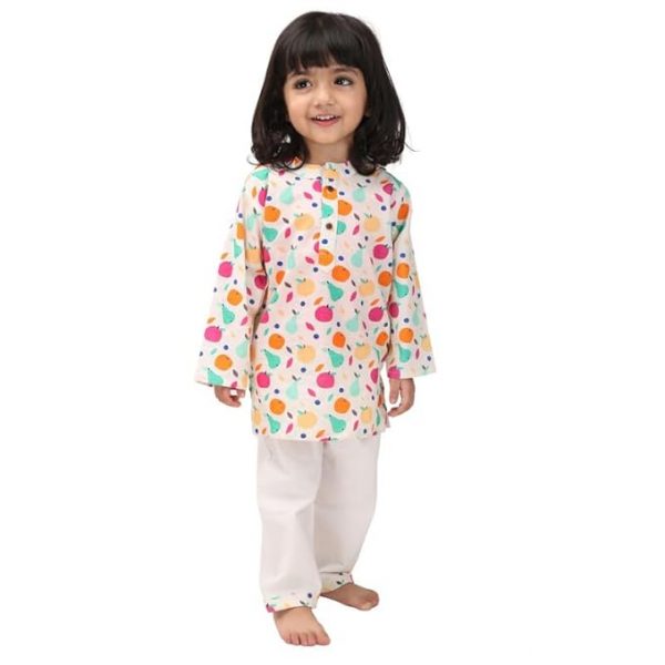 Mama & Peaches Tropical Fruits Kurta Set for Kids | Premium Cotton Fabric | Stylish Printed Design | Button Fly Closure | Mandarin Neckline | Perfect for Festivals and Everyday Wear
