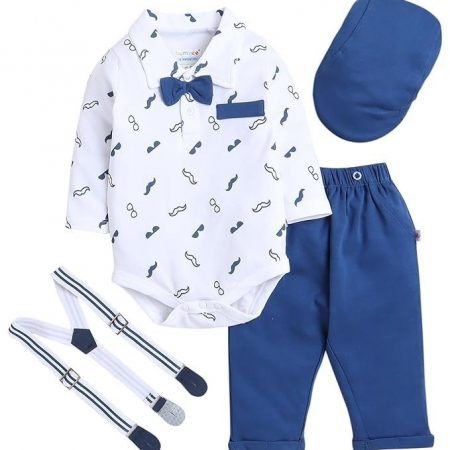 BUMZEE Boy's Cotton Printed Full Sleeves Bodysuit Pant Set With Suspender & Cap