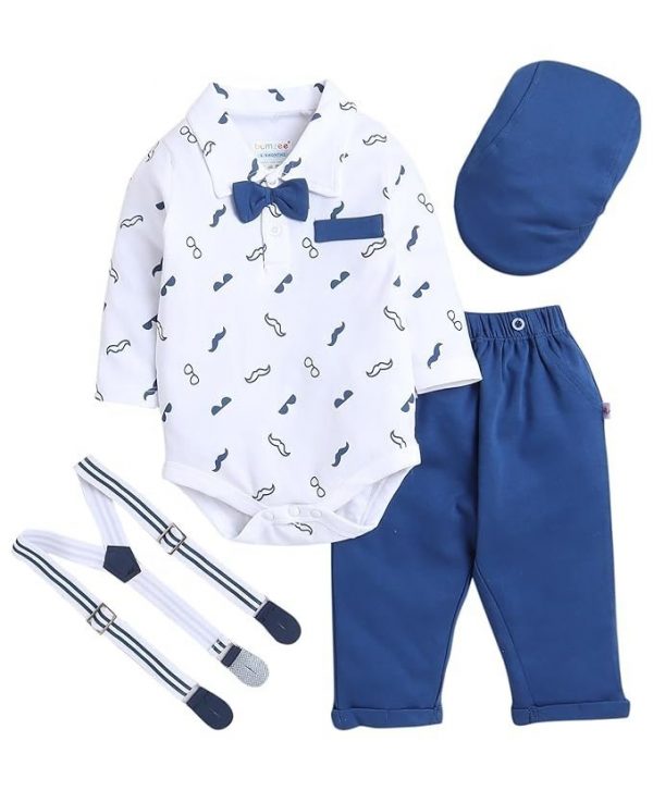 BUMZEE Boy's Cotton Printed Full Sleeves Bodysuit Pant Set With Suspender & Cap