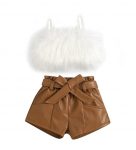 2-7T Cute Baby Girl Summer Clothes Fluffy Fur Camisole Vest PU Leather High Waist Shorts Set Baby Girls Clothing