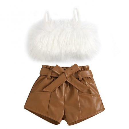 2-7T Cute Baby Girl Summer Clothes Fluffy Fur Camisole Vest PU Leather High Waist Shorts Set Baby Girls Clothing