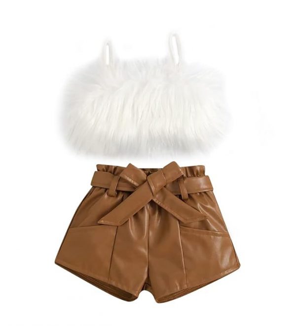 2-7T Cute Baby Girl Summer Clothes Fluffy Fur Camisole Vest PU Leather High Waist Shorts Set Baby Girls Clothing