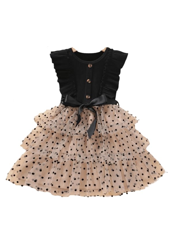 TAGAS Toddler Girls Polka Dot Ruffle Trim Belted Mesh Dress Floral Pattern Frock for Girls (KD-1015)