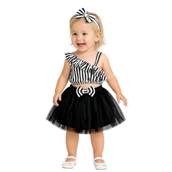A.T.U.N. (ALL THINGS UBER NICE) Baby Girls One Shoulder Printed Crop Top with Skirt & Matching Headband Set | 3 Piece Outfit Set for Kids