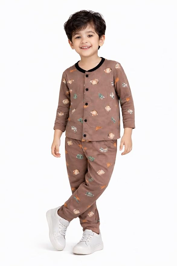 3BROS Cotton Bodysuit Dress with Full Pajama and Full Sleeves Night Suit Top Combo Set for Boys & Girls Baby Home Wear and Sleepwear Pack of 1 (Brown, 18-24 Months)