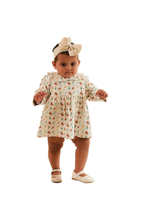Bunny Meadow Dress for Baby - Soft, Breathable Organic Cotton with Playful Bunny & Blossom Print - Perfect for Twirls, Giggles and Picture-Perfect Moments